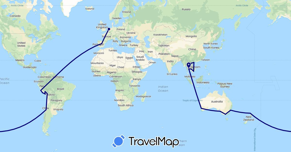 TravelMap itinerary: driving in Australia, Chile, Spain, Cambodia, Laos, Netherlands, New Zealand, Peru, Thailand, Vietnam (Asia, Europe, Oceania, South America)